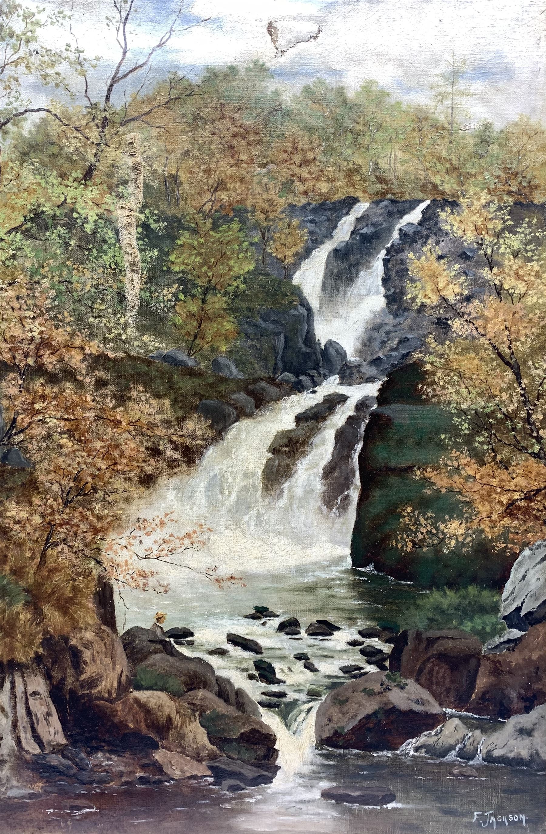 F Jackson (British 19th/20th century): Waterfall Scene