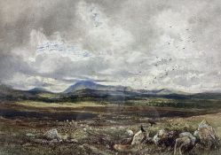 Emily Nicholson (British fl.1842-1869): Crows and Sheep in a Moorland Landscape