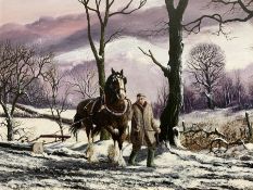 Royce Harmer (British 20th century): Shire Horse and Farmer Ploughing in a Winter Landscape