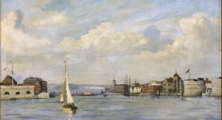 English School (20th century): Sailing Ships Entering British Harbour with White Cliffs in Distance