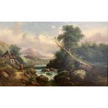 R B David (British 19th century): Figures in a River Landscape