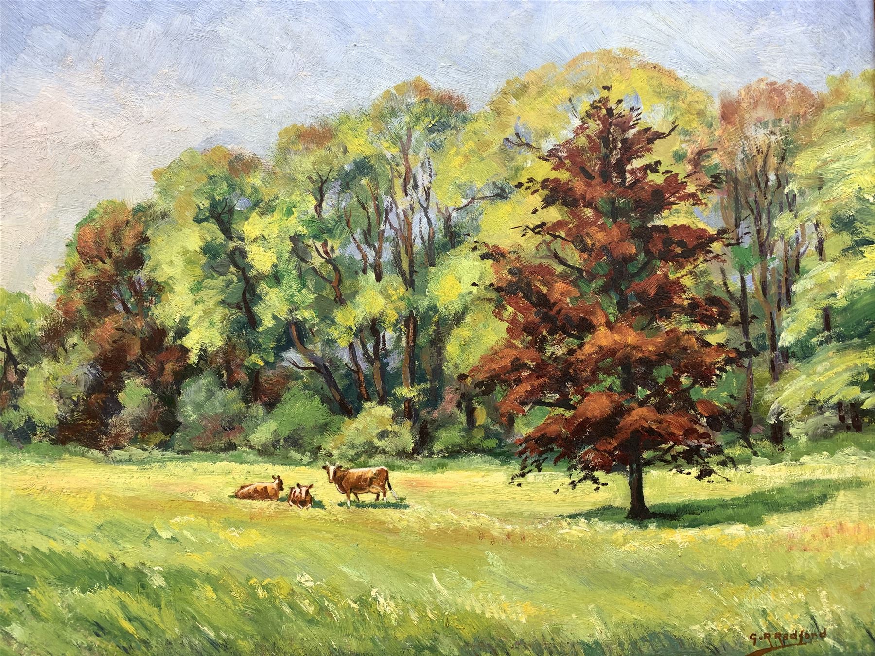 G R Radford (British 20th century): Meadow with Cows Resting