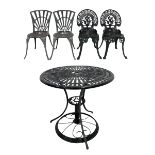 Black painted aluminium garden table and together with two pairs of chairs painted green