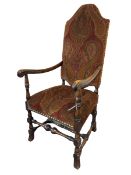 Charles II style high back upholstered carver armchair