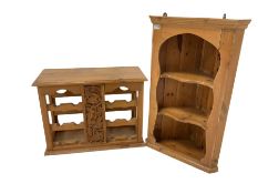 Pine bottle rack with three shelves with a fruit and foliate carved panel