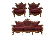 Late 20th century Italian style carved beech framed three seat sofa and pair matching armchairs