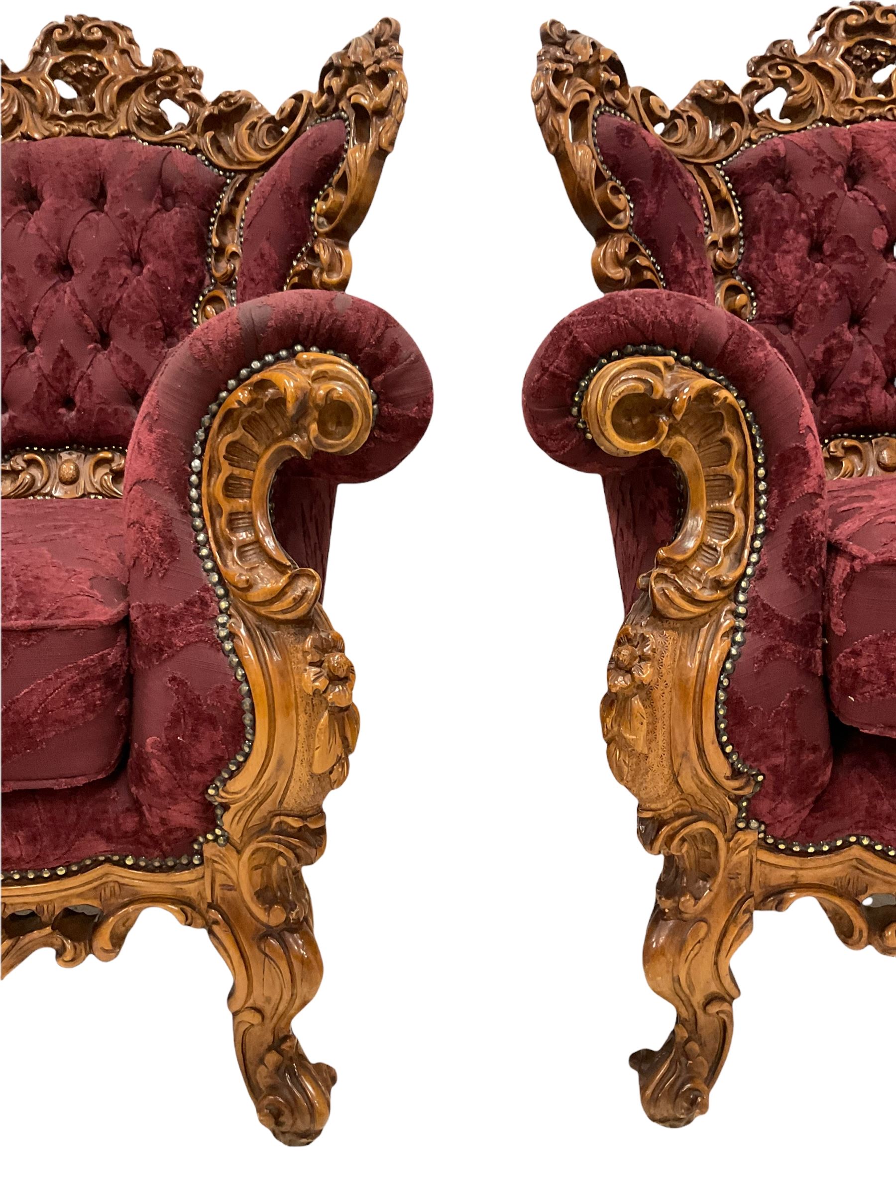 Late 20th century Italian style carved beech framed three seat sofa and pair matching armchairs - Image 8 of 11