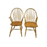 Two light elm American style Windsor carver armchairs