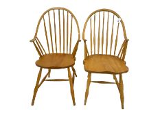 Two light elm American style Windsor carver armchairs