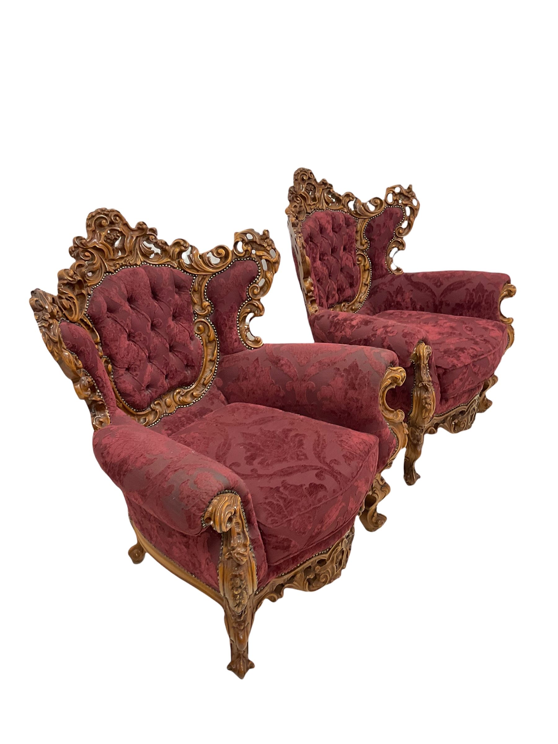 Late 20th century Italian style carved beech framed three seat sofa and pair matching armchairs - Image 6 of 11