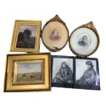 Pair Victorian overpainted portrait prints in oval frames; small oil of cottage