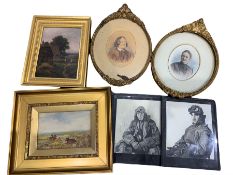 Pair Victorian overpainted portrait prints in oval frames; small oil of cottage