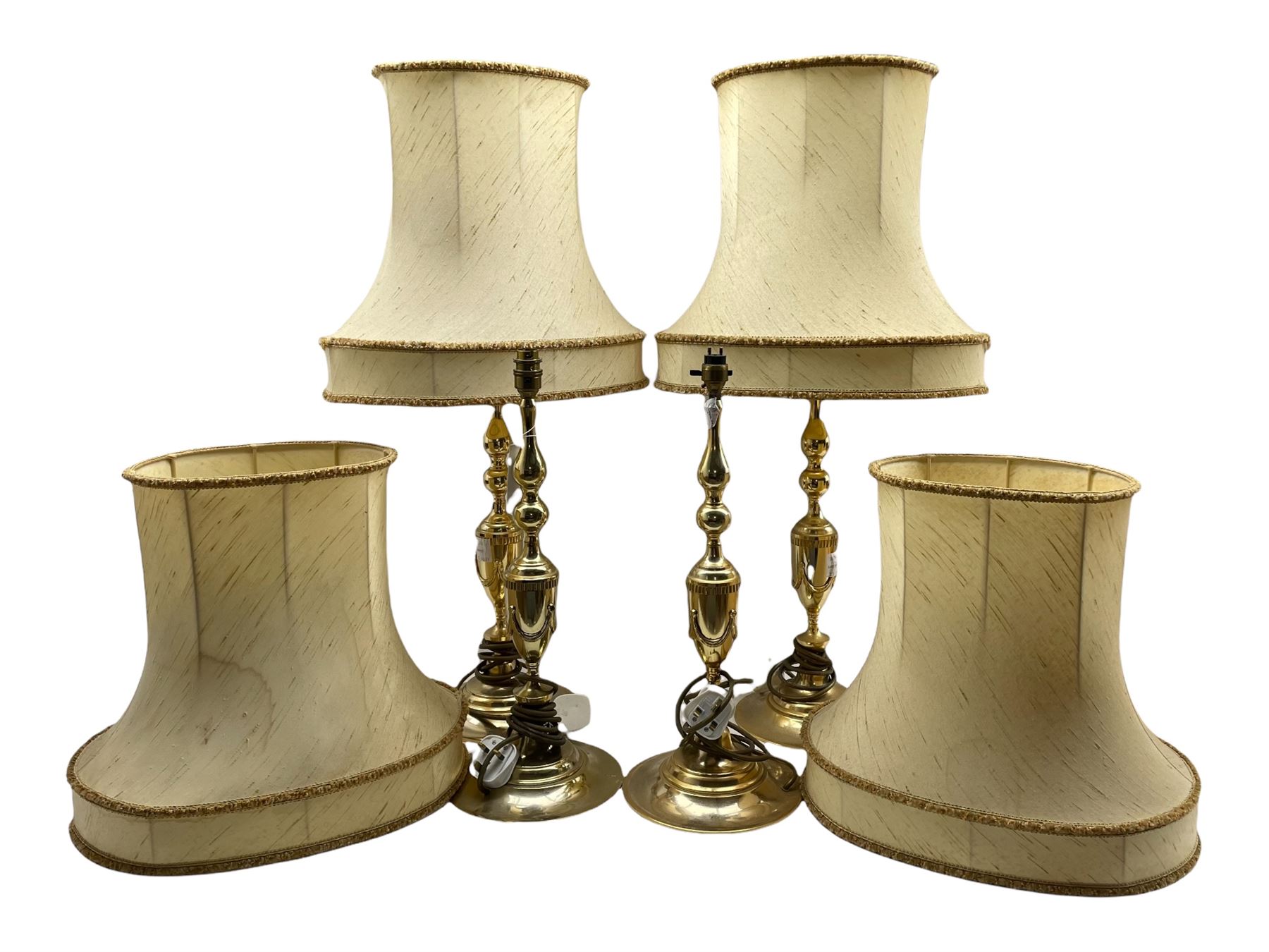Set of four gilt brass table lamps with shades H81cm overall (4)