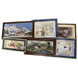 Collection five framed embroideries including ones of Amsterdam and Alaska together with a print of