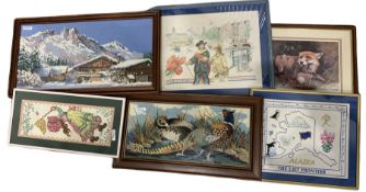 Collection five framed embroideries including ones of Amsterdam and Alaska together with a print of