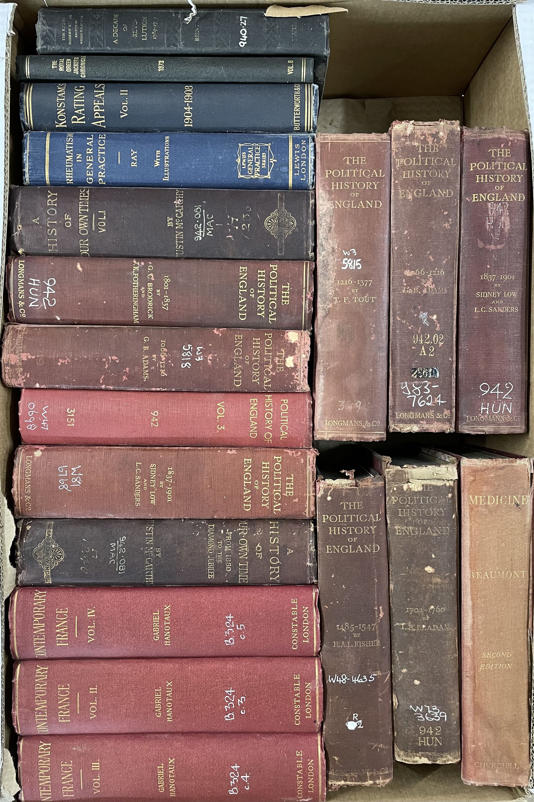 Box of books including Political History of England