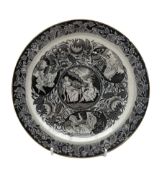 Early 19th century small pearlware plate printed all over in black with a central roundel and three