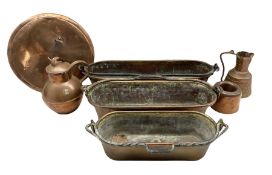 Three 19th/ early 20th century oblong copper pans with wrought iron swing handles