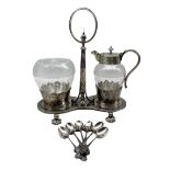 Late Victorian silver-plated stand with etched glass tapered bowl and jug with silver-plated mounts