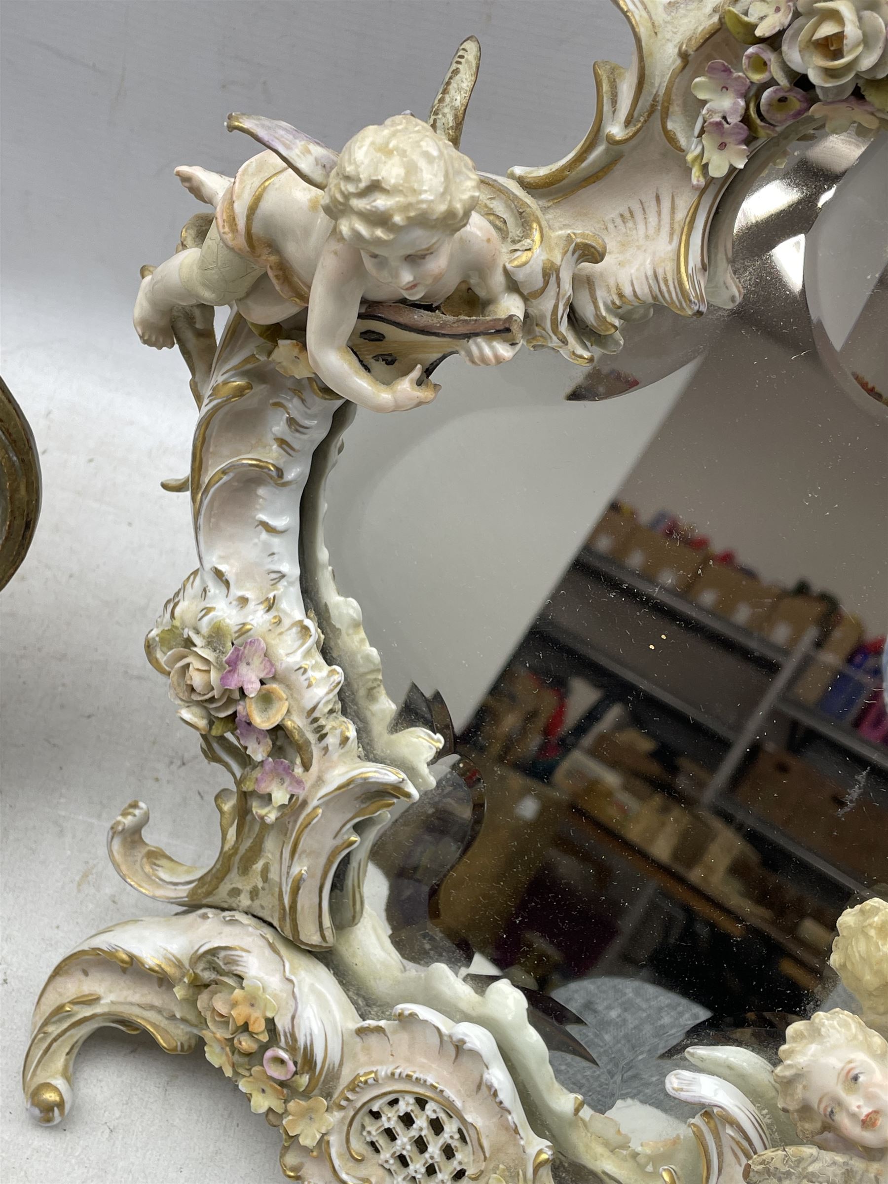 19th century Continental porcelain dressing table mirror decorated with Putti and flowers (a/f) toge - Image 3 of 4