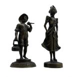 Two 20th century small bronze figures modelled as a Fisherman and a a girl wearing a bonnet
