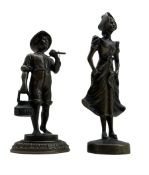 Two 20th century small bronze figures modelled as a Fisherman and a a girl wearing a bonnet