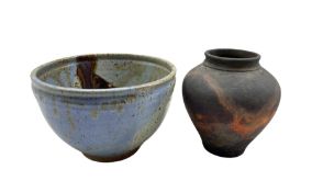 Pat Armstrong: copper Raku vase H16.5cm and a studio pottery bowl with blue glaze