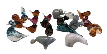 Collection of Wedgwood coloured glass animal and bird paperweights and a Mdina seahorse paperweight
