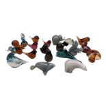 Collection of Wedgwood coloured glass animal and bird paperweights and a Mdina seahorse paperweight