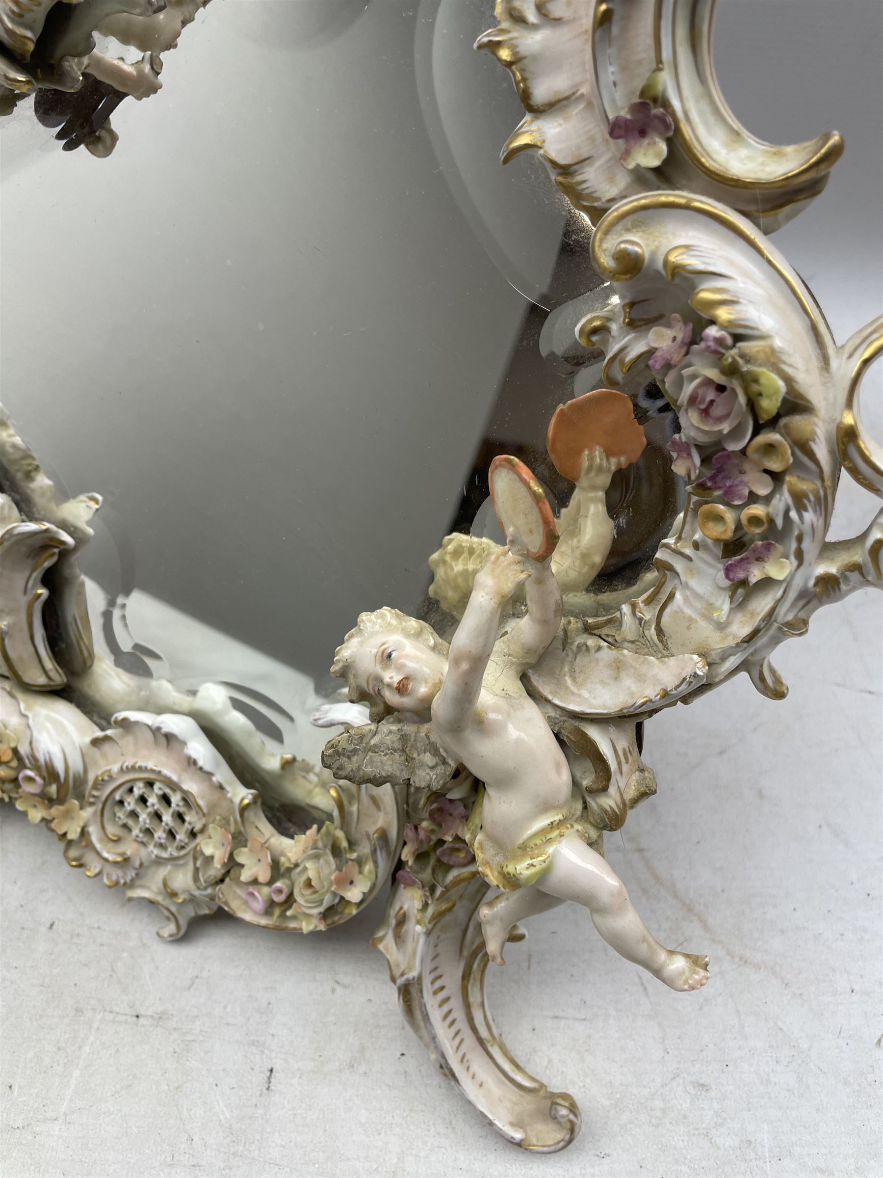 19th century Continental porcelain dressing table mirror decorated with Putti and flowers (a/f) toge - Image 2 of 4