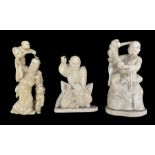 19th century Japanese carved ivory okimono of a seated figure with a monkey on his shoulder and with