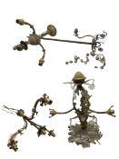 Ornate French brass three branch ceiling light with remains of glass drops H40cm and three other Fre