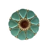 Victorian Minton majolica oyster plate with turquoise shell holders around a centre brown well