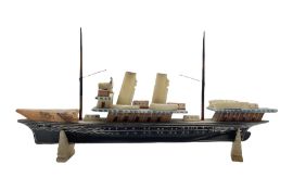 Early 20th century carved and painted alabaster model of a ship L56cm for restoration