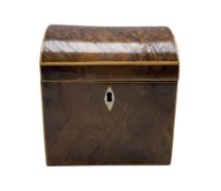 George III burr yew wood and boxwood strung dome top tea caddy with foil lined interior W12cm