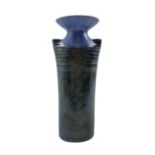 Lyn Lovitt (British 1941-): blue glazed and incised stoneware vase of shouldered form with flared ri
