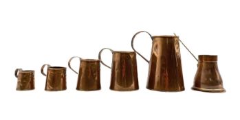 Set of five 19th century copper tankard measures comprising 1/2 Gallon