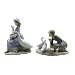 Two Lladro figures 'Food for the Ducks' model no. 4849 and 'Goose Trying to East' model no. 5034