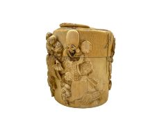 19th century Japanese carved ivory cylindrical box and cover decorated with figures and birds