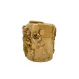 19th century Japanese carved ivory cylindrical box and cover decorated with figures and birds