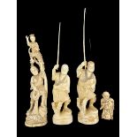 19th century Japanese carved ivory okimono of a fisherman holding a net with a figure on his shoulde