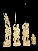 19th century Japanese carved ivory okimono of a fisherman holding a net with a figure on his shoulde