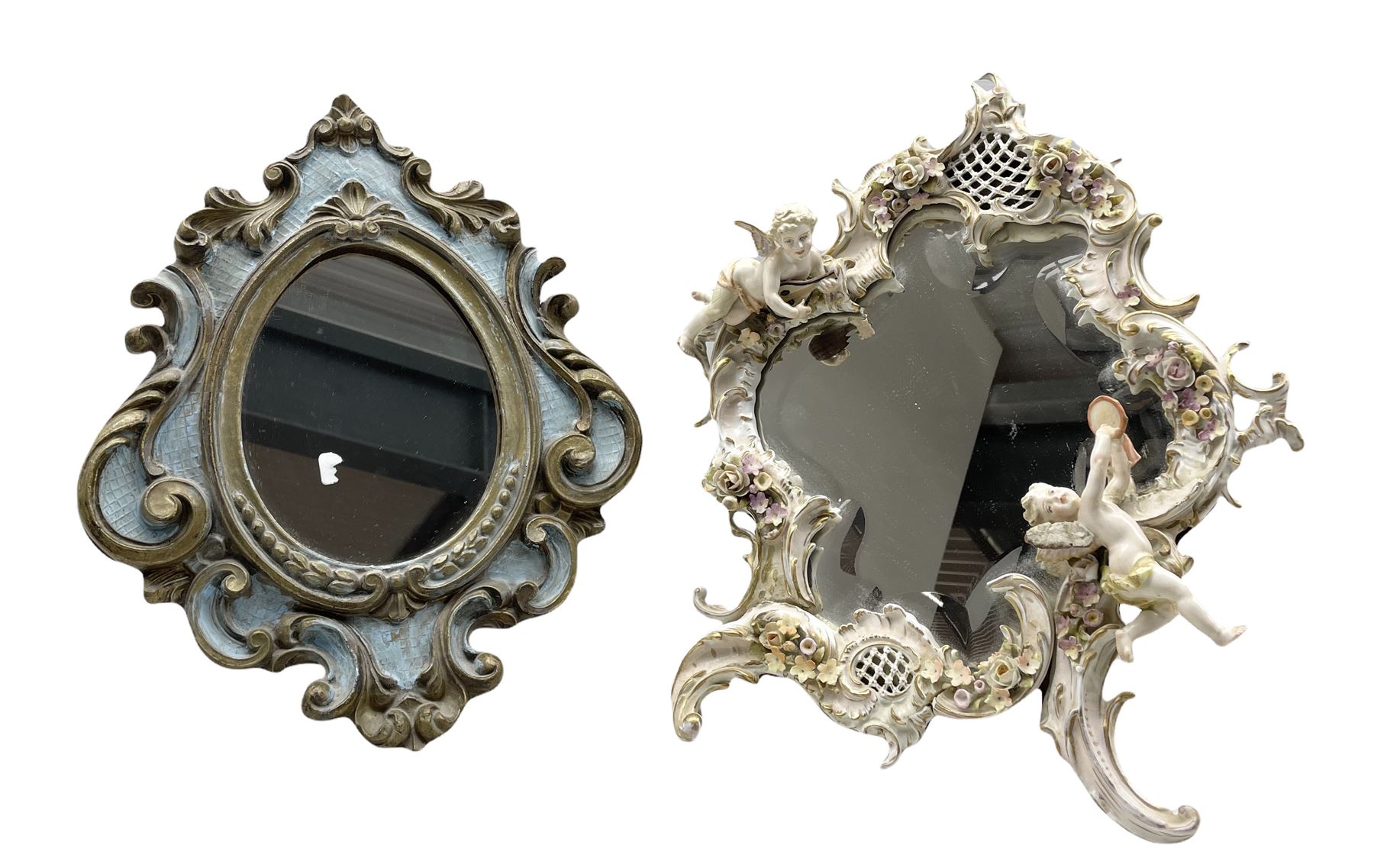 19th century Continental porcelain dressing table mirror decorated with Putti and flowers (a/f) toge