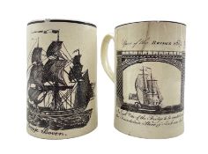 English creamware mug of plain straight form printed in black with an 'East View of the bridge to be