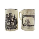 English creamware mug of plain straight form printed in black with an 'East View of the bridge to be