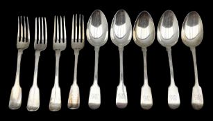Set of five George III silver fiddle pattern dessert spoons initialled 'GA' London 1819 Maker Josiah