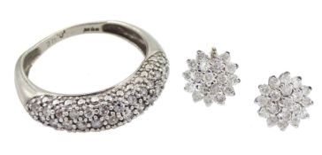 Pair of white gold diamond cluster stud earrings and a white gold pave set diamond ring