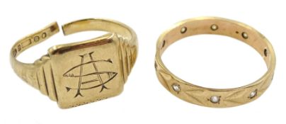 Gold stone set full eternity ring and a gold signet ring