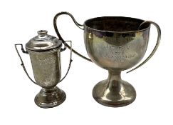 Silver pedestal challenge cup 'Kings Cup 1956' H12cm and a smaller trophy with cover 10.7oz