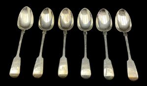 Set of six Victorian silver fiddle pattern table spoons engraved 'W' London 1855 Maker Joseph and Al